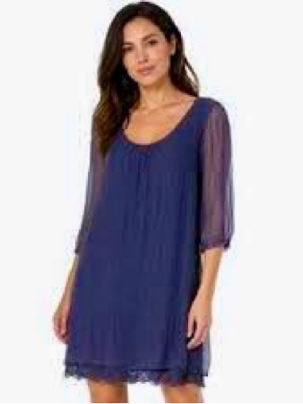 Prontomoda Giusy Italy silk navy blue scoop neck dress M sheer sleeves lace trim